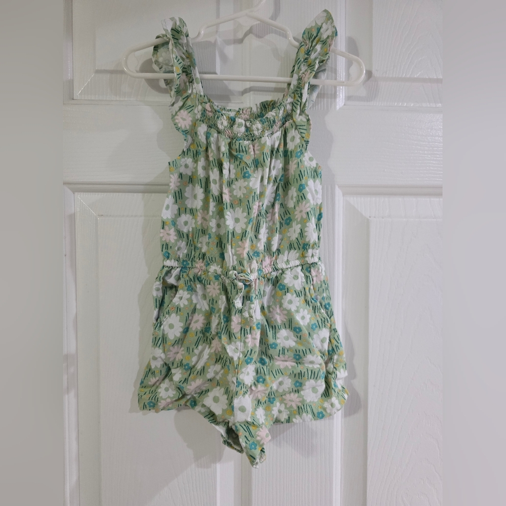 Cat & Jack Green and White Floral Jumpsuit with Ruffled Straps